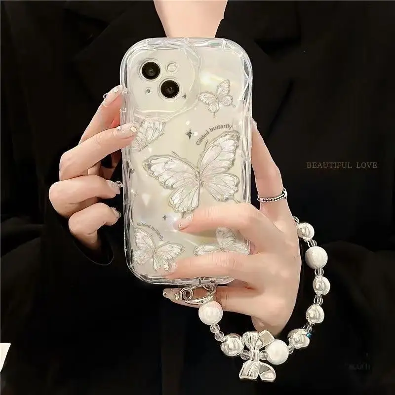 Silvery Butterfly Chain Phone Case For Samsung Galaxy S24 S23 S22 S21 Plus Ultra S23FE S21FE S20FE A12 Cover Love Heart Wrist