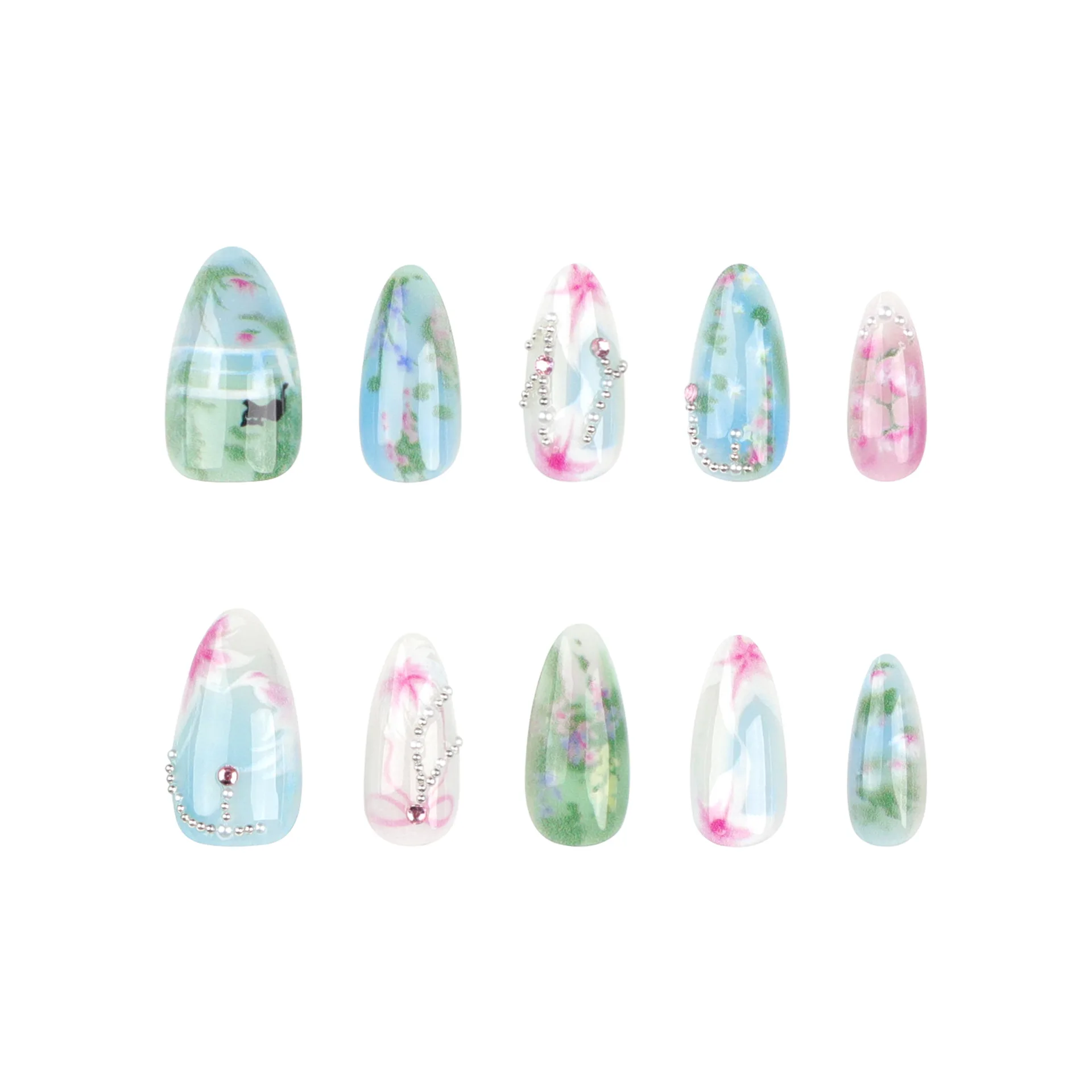 24pcs Long Almond Y2k Nails Press On Nails Pastoral Style False Nails With Designs Wearable Colorful Flowers Fake Nails Finished