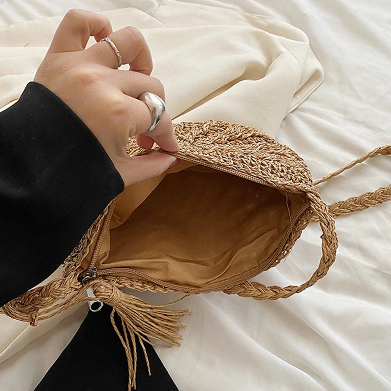 Mode Halbkreis Stroh Gewebt Schulter Umhängetasche Reise Kleine Handtasche Damen Sommer Handgemachte Rattan Quaste Design Strand Tasche – Detail 23