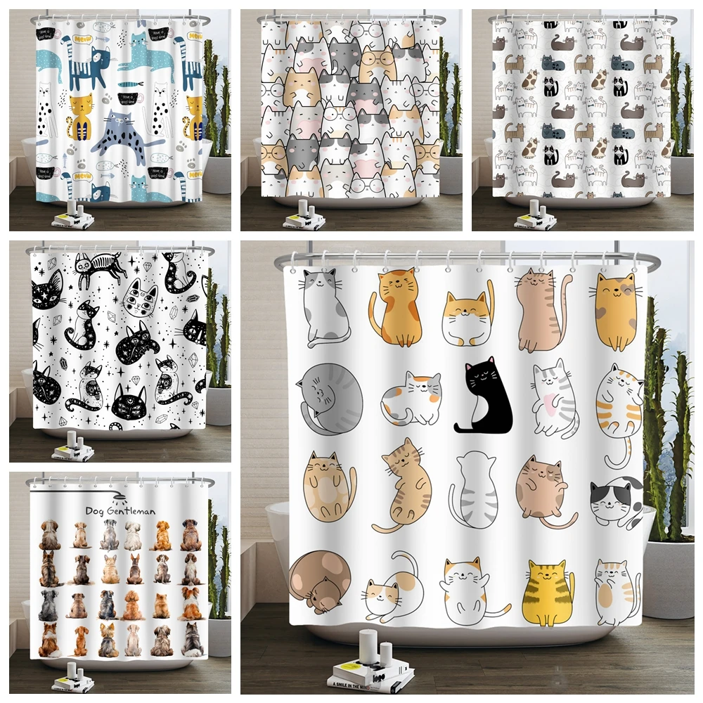 Cartoon Cat Shower Curtain Funny Animal Cute Cat Dog Kids Print Waterproof Bath Bathroom Shower Curtains Decoration with Hooks