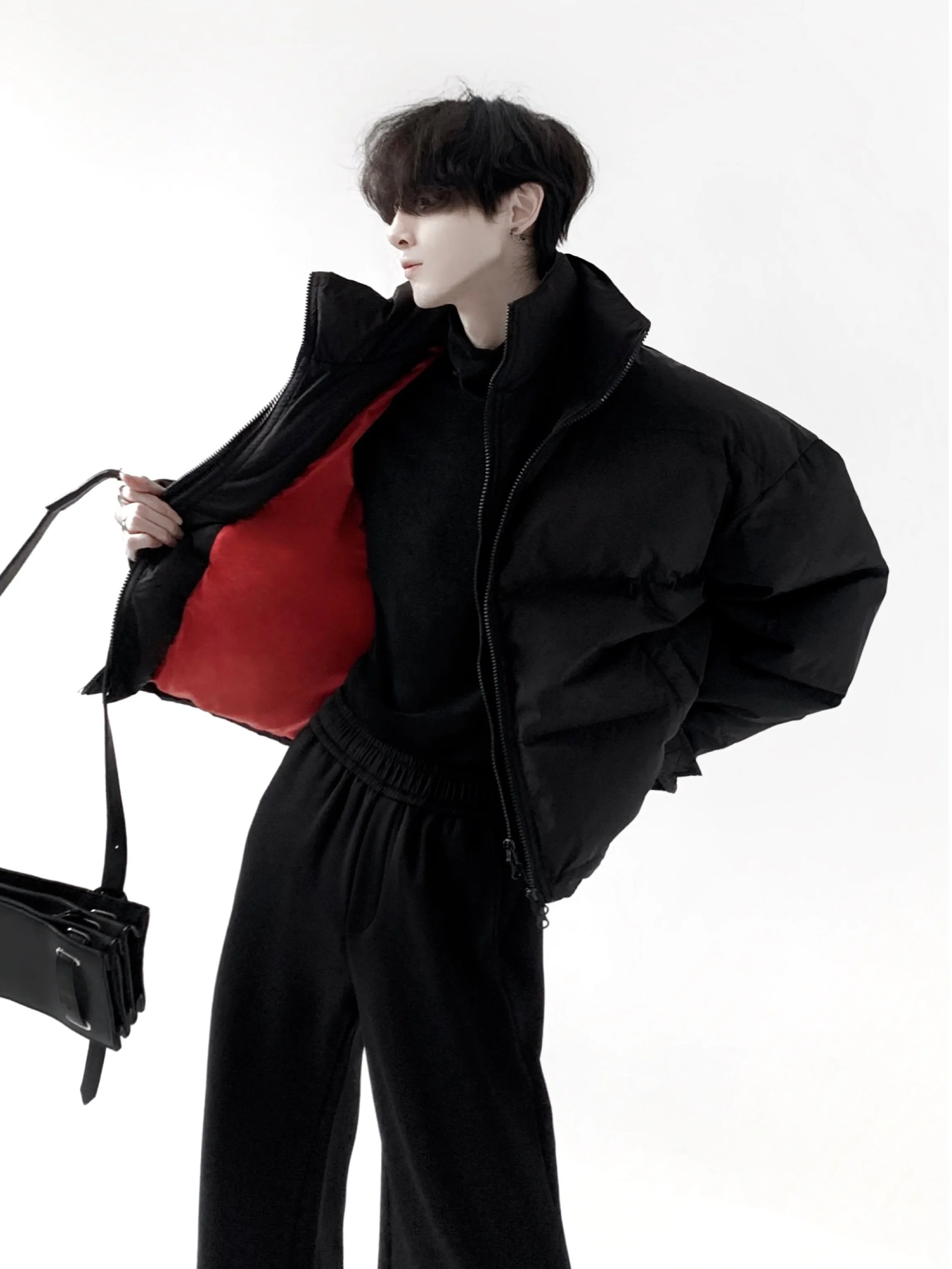 Autumn Mountain Wind Men's Cotton Jacket Double Layer Stand Collar Short Inner Red Black Boxy Winter Coat Warm Thickened