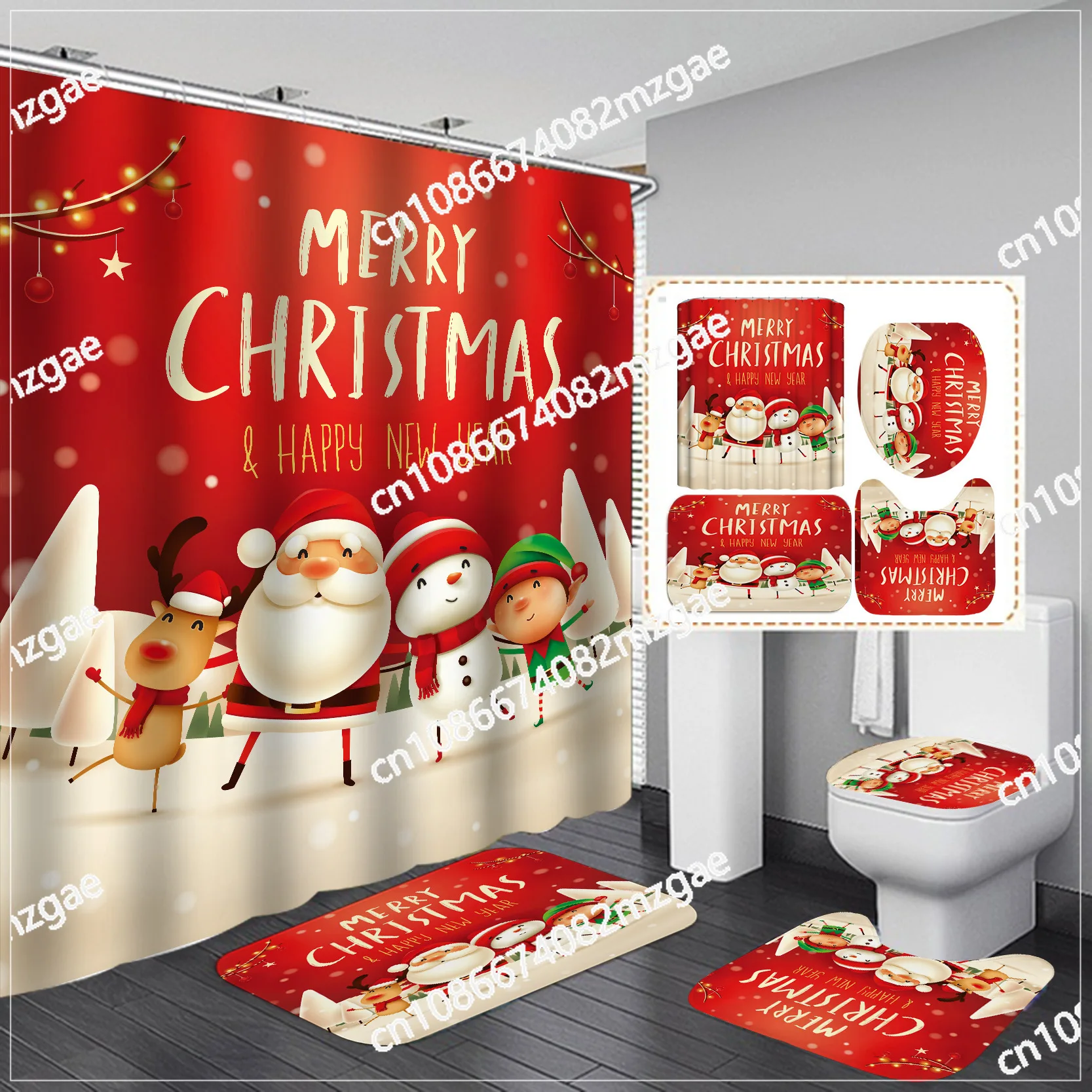 

Hot Christmas bathroom three-piece set four-piece waterproof polyester Christmas series bathroom shower curtain