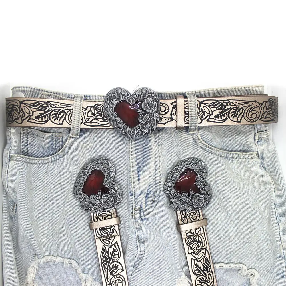고딕 펑크 PU 가죽 클래식 Y2k 벨트 여성용 메탈 하트 플라워 버클 허리 스트랩 청바지 장식용 허리띠 액세서리