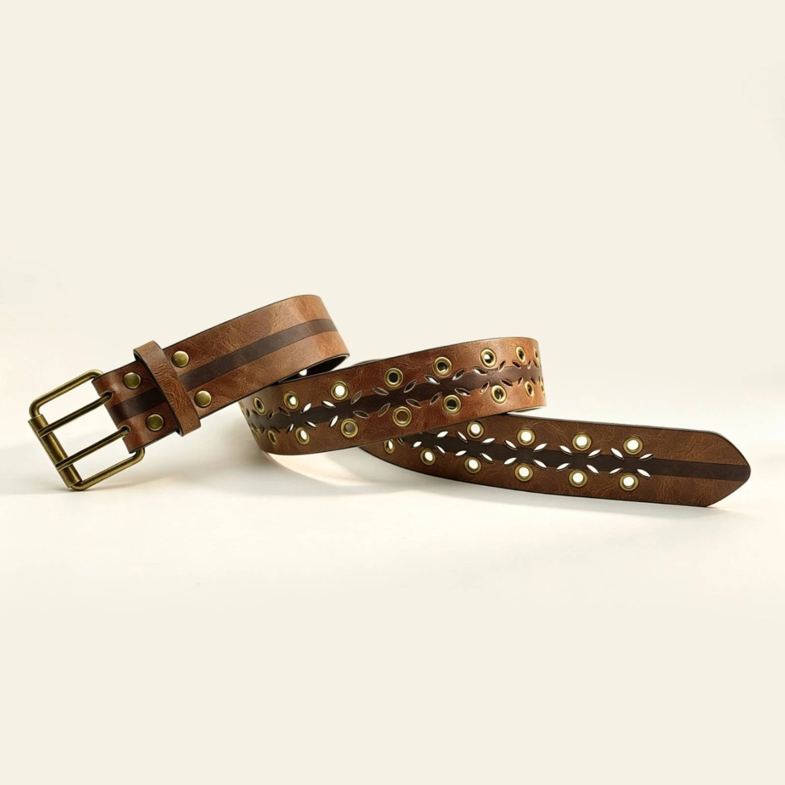 Distressed Leather-Look Belt with Geometric Cutouts Casual Decorative Waist Belt with Metal Eyelets Waistband Fashion Classic