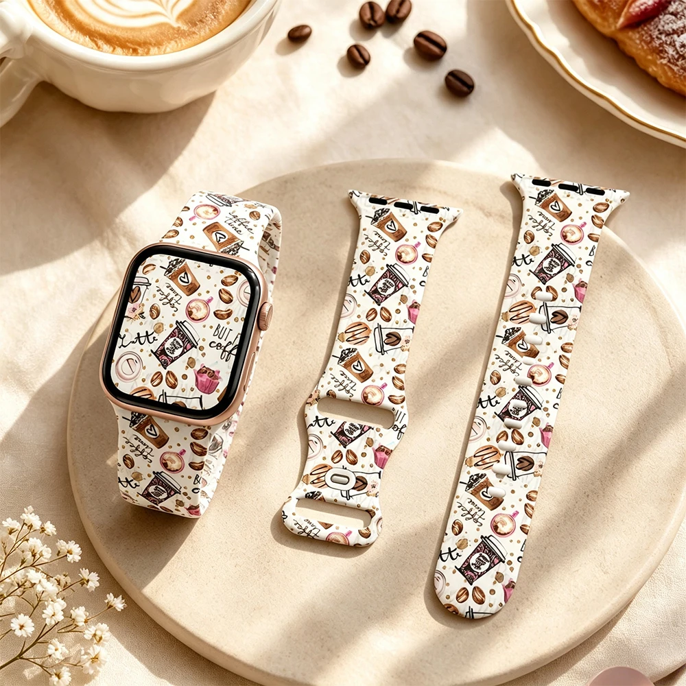 Coffee Printed Watch Band for Apple Watch 40/41/42/44/45/46/49mm, Casual Versatile Silicone Strap for iWatch Series12 11 10 987