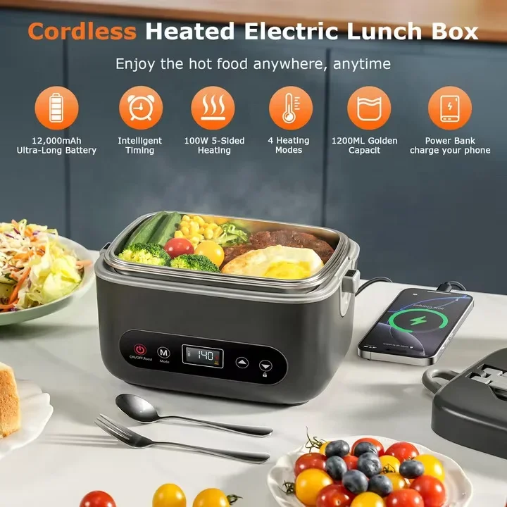 Portable 1.2L stainless steel intelligent thermal insulation lunch box 12000mAh battery heating environmentally friendly digital