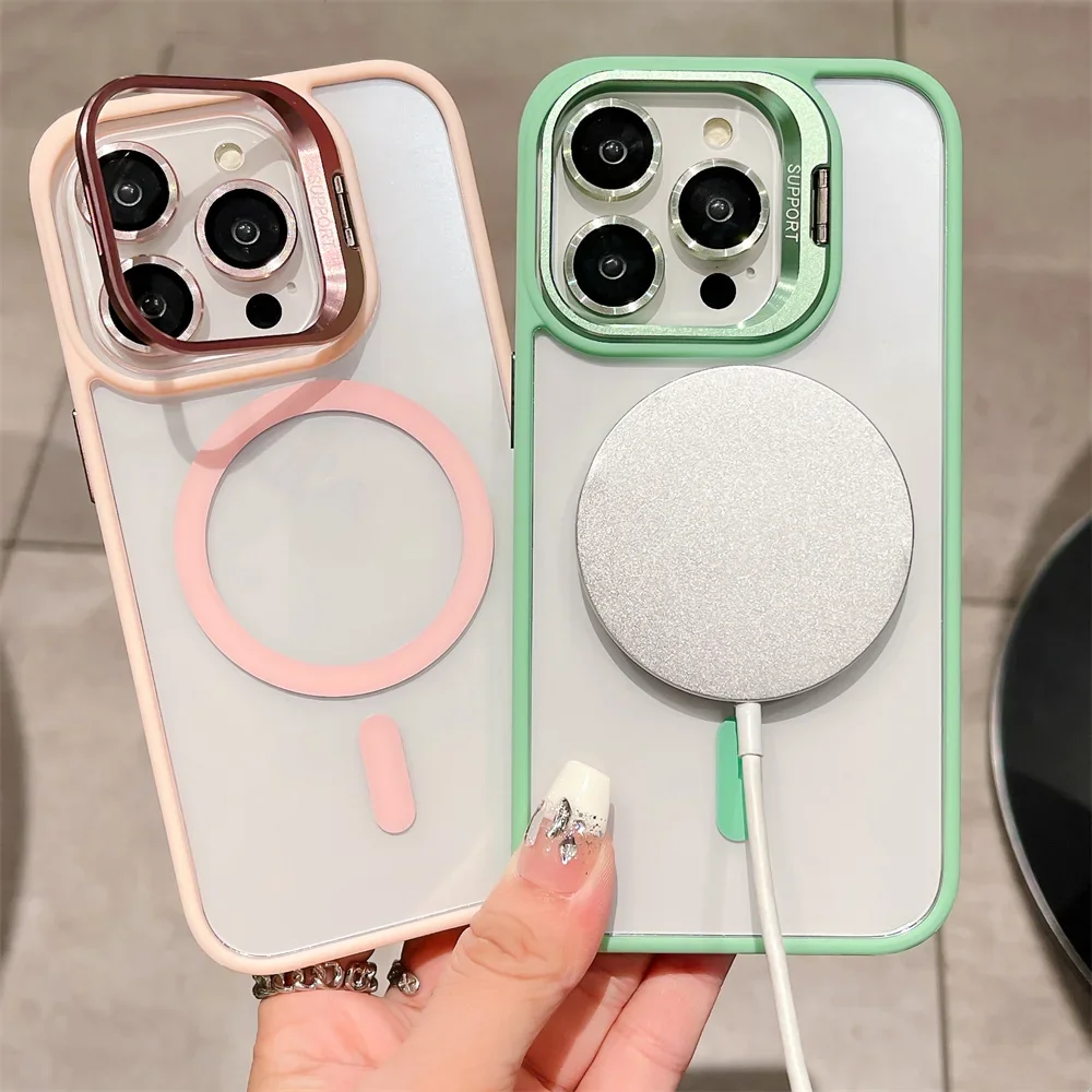 Capa de telefone magnética luxuosa à prova de choque para iphone13 14 15 16 11 12 pro max plus magsafe funda suporte capa de proteção de lente de vidro