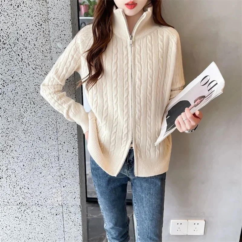 2026 Winter New Thick Turtleneck Cashmere Knitted Cardigan Women Casual Knit Loose Wool Sweater Female Tops