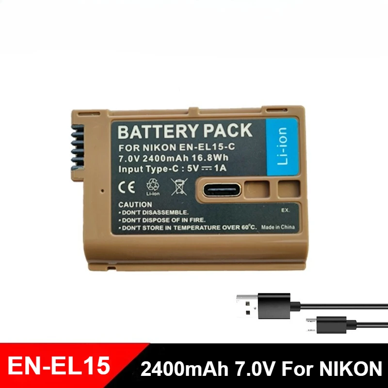 EN-EL15 EN-EL15C T-EL15 ENEL15 2400mAh Battery Type-C Input Port for Nikon Z8 Z5 Z6 Z6 II Z7 Z7II D780 D800 D850 D600 D500 D7500