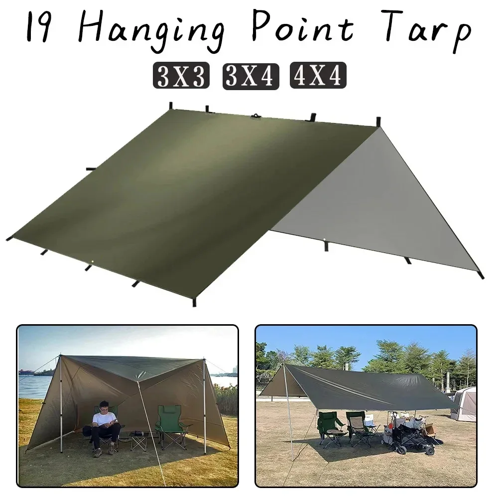 19 Hang Point Tarp Waterpoof Survival Bushcraft Sun Shelter Beach Shade Tent Outdoor Canopy Backpacking Tourist Awning 4x4 3x3m