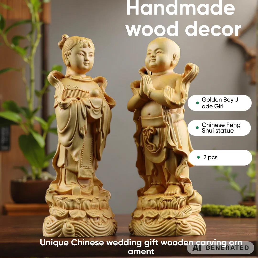 2pcs Wood carving Golden Boy and Jade Girl  Statue Traditional Chinese Feng Shui Temple Attendant Figurine Set Home Office Decor