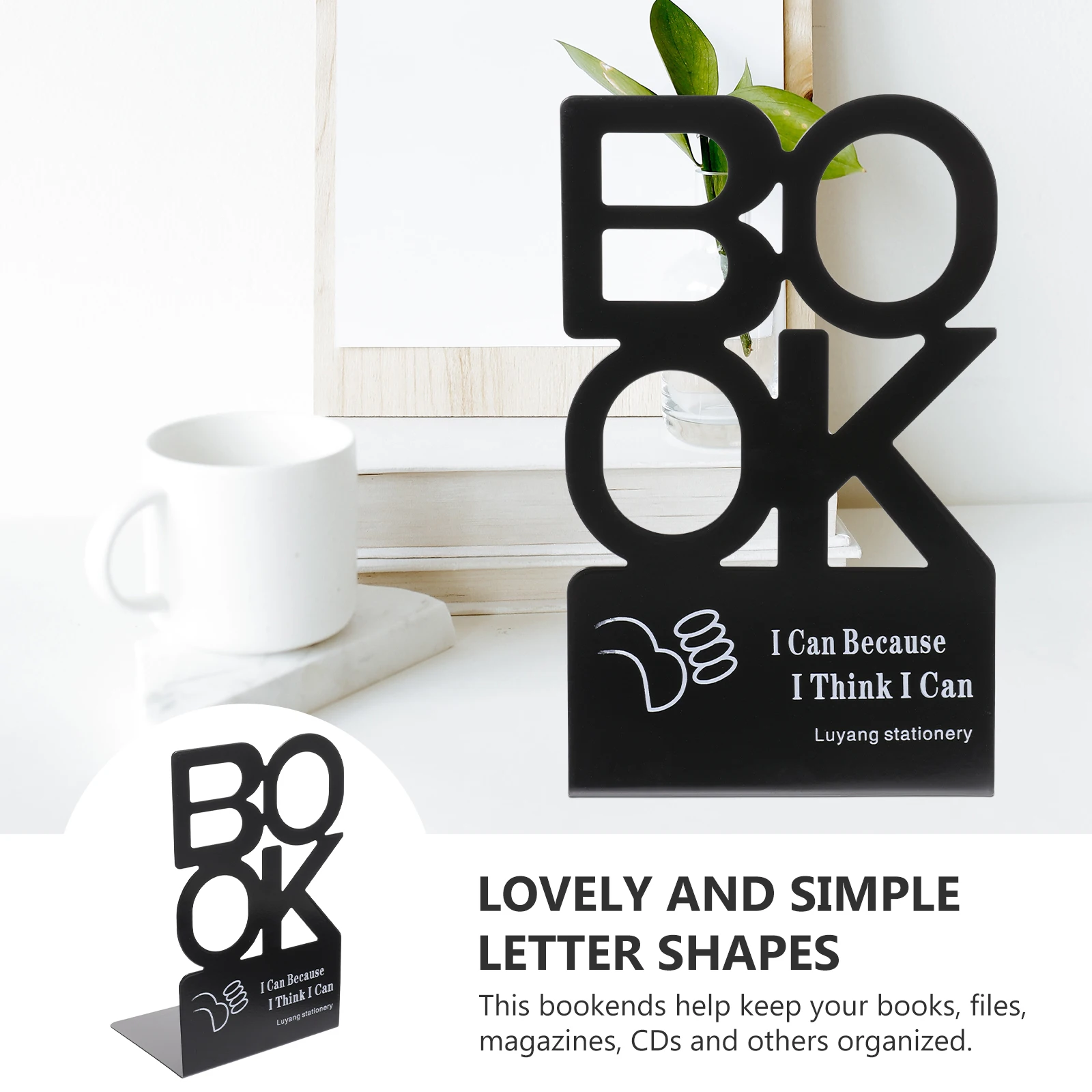 

Large Bookends Holder Letter Design Black Iron Book Baffle Shelf Books Office Decor Crafted Texture Organized Files