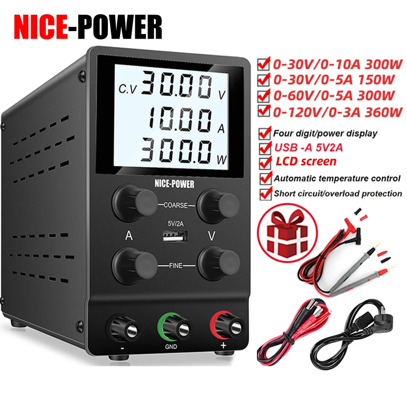 

NICE-POWER DC Power Supply Variable,0-30V 0-10A Adjustable Switching DC Regulated Bench Power Supply,Coarse and Fine Adjustment