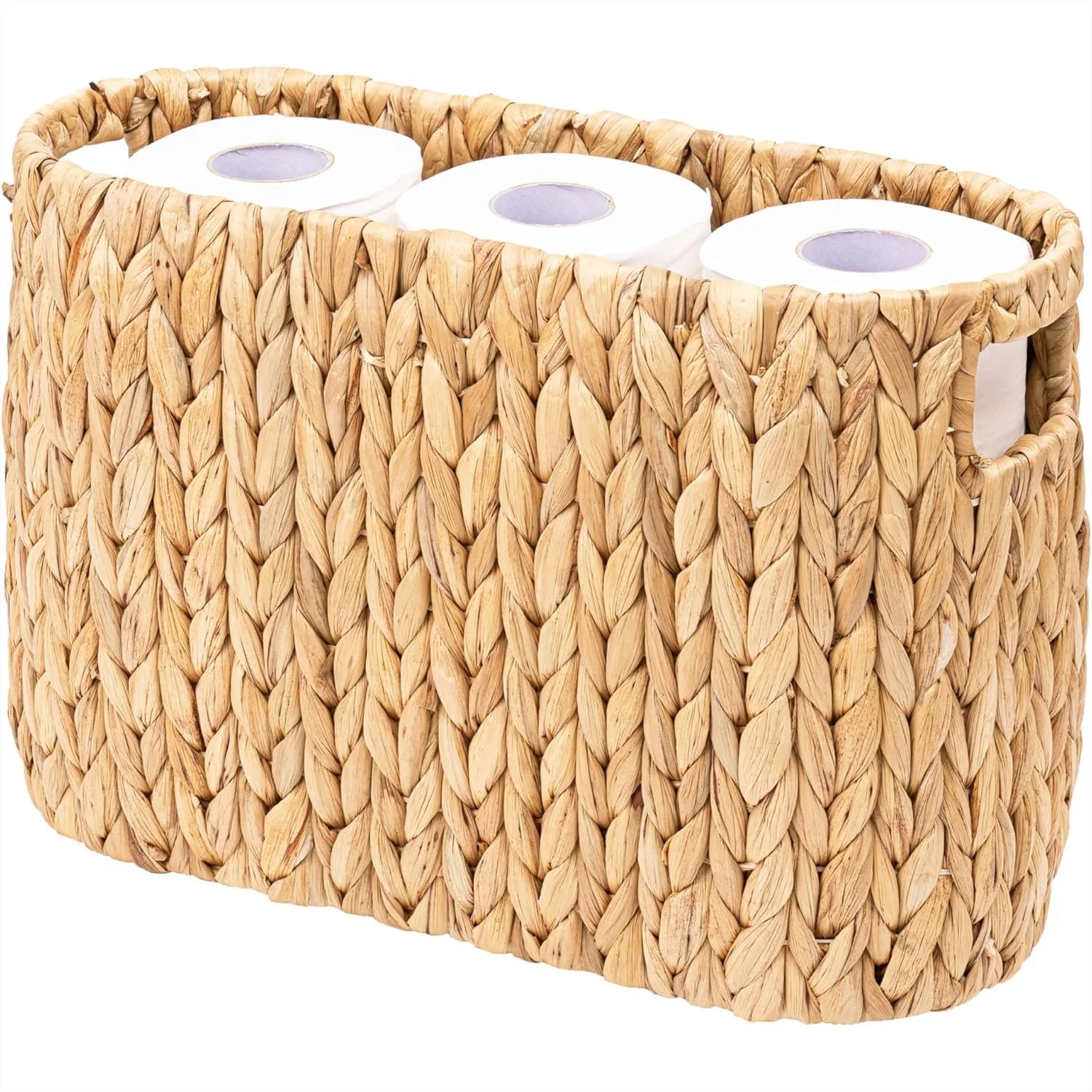 

Wicker Toilet Paper Storage Holder with Built-in Handles, Water Hyacinth Basket for 6-9 Rolls, Bathroom Organizer