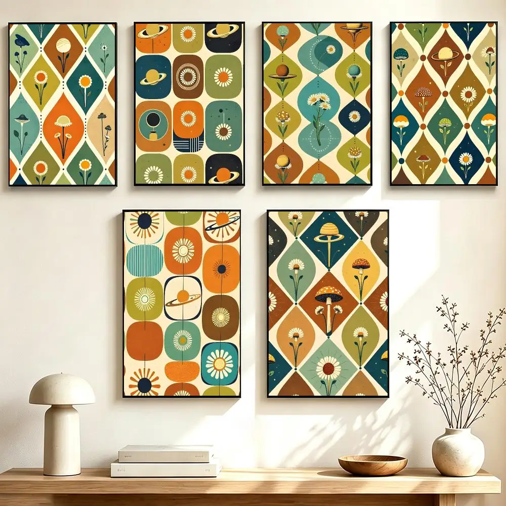 Cheerful Geometric Art Retro Mid Century Atomic Daisies Poster Home Wall Decor for Living Room Bedroom Office Aesthetic Room