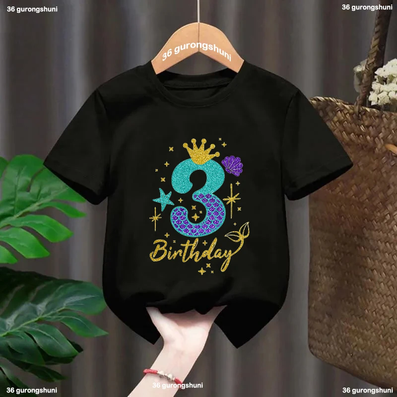 

3th Birthday Gift Tshirt For Girls Golden Mermaid Princess Crown Print T Shirt White/Pink/Gray/Blue Kids Clothes Summer T-Shirt