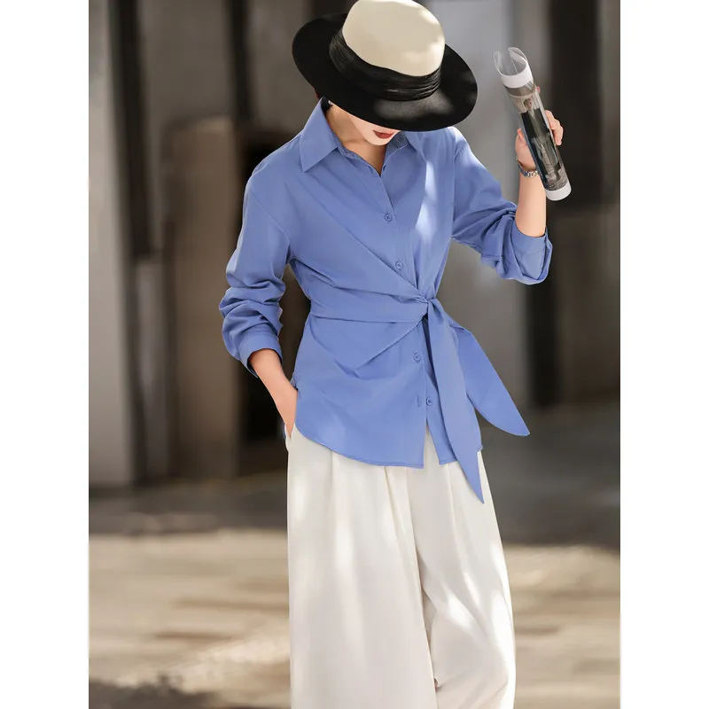 MEXCOCO 2026 Autumn Women Elegant Lapel Shirt Long Sleeve Single Breasted Waist Tie Wrap Blouse Slim Fit Casual Top