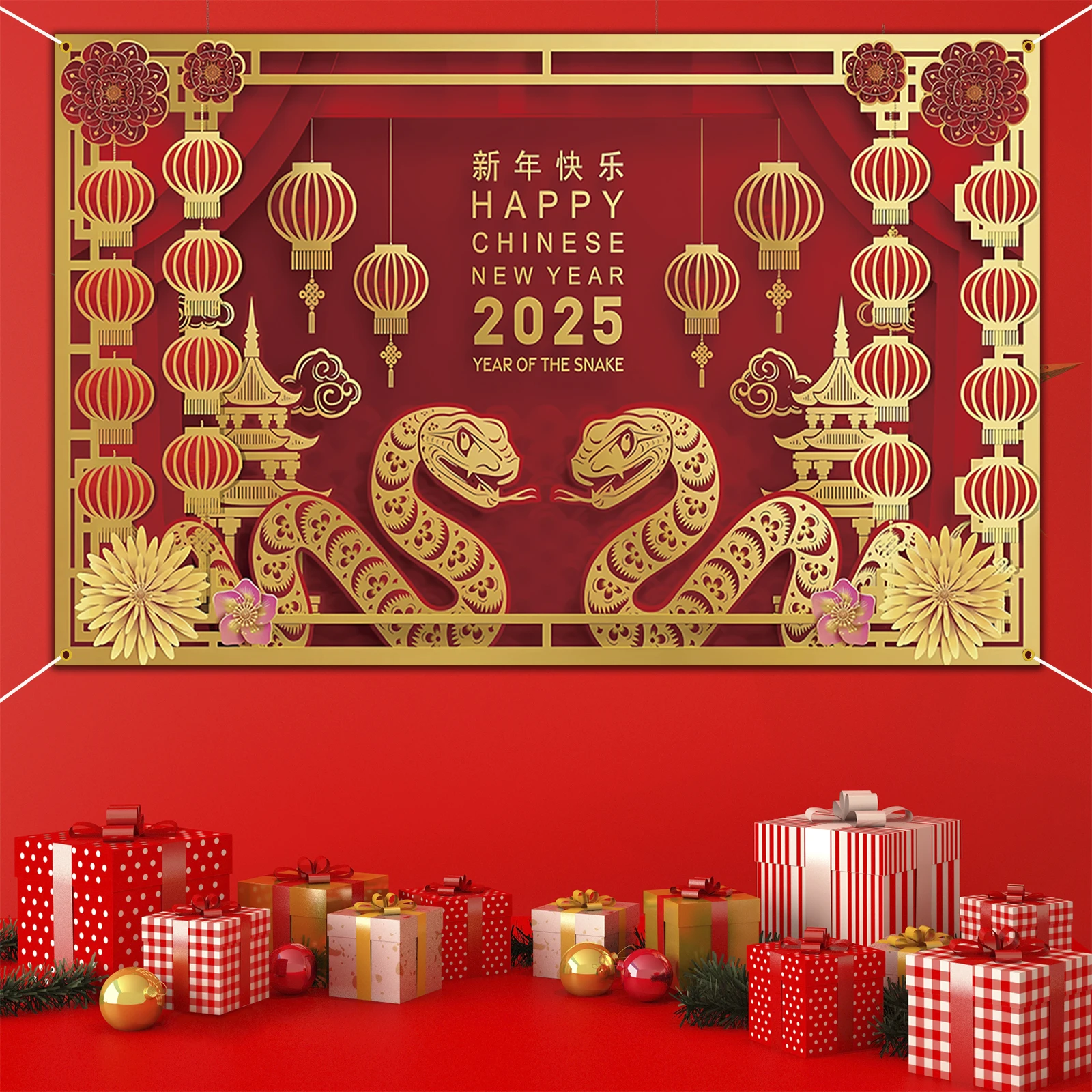 Happy Chinese New Year 2025 Photo Banner Happy Lunar New Year's Eve Party Decor Photography Backdrop Year of The Snake Chinese