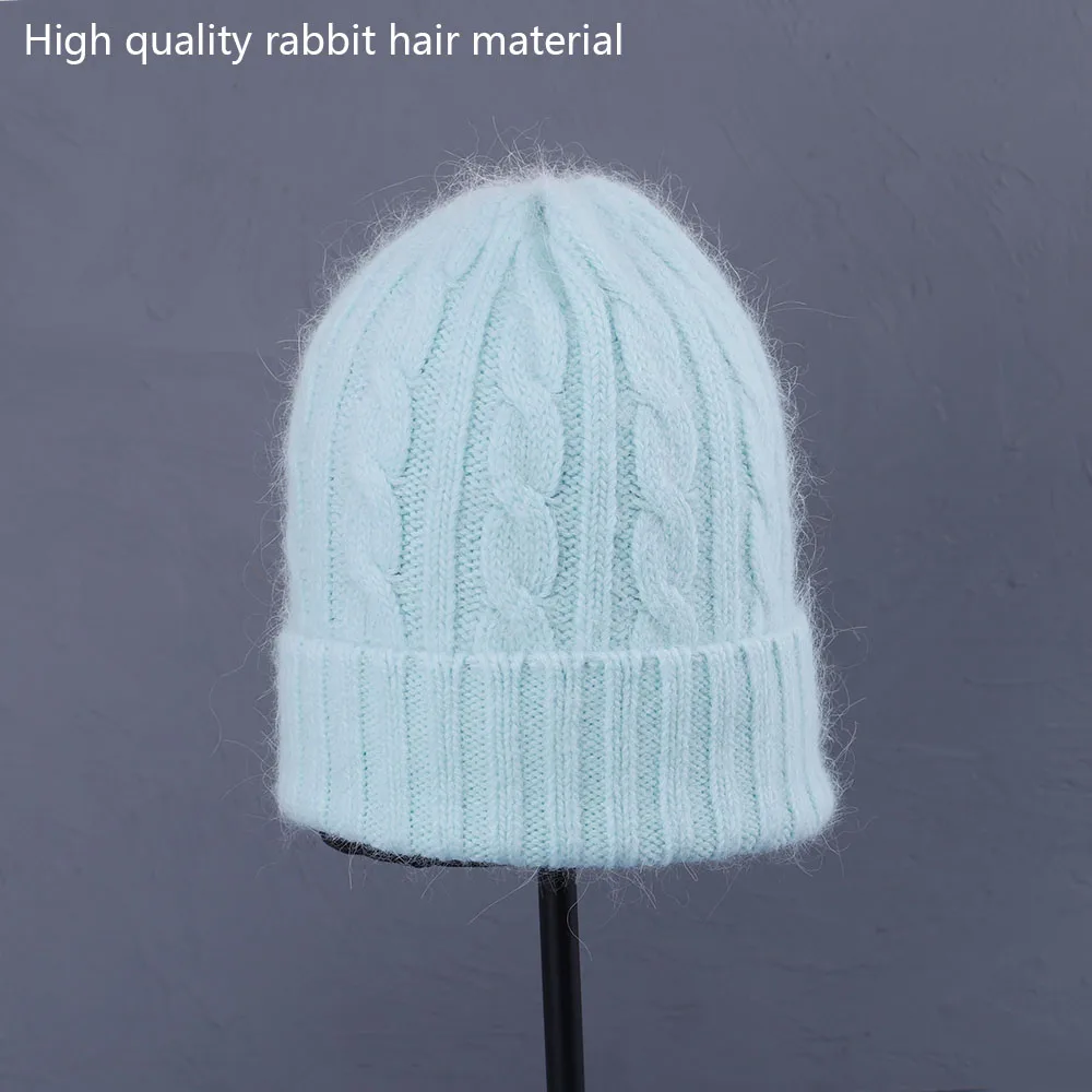 Female Cashmere Blend Winter Hat Long Fur Warm Soft Wool Knitted Hats Women Skullies Beanies Wholesale