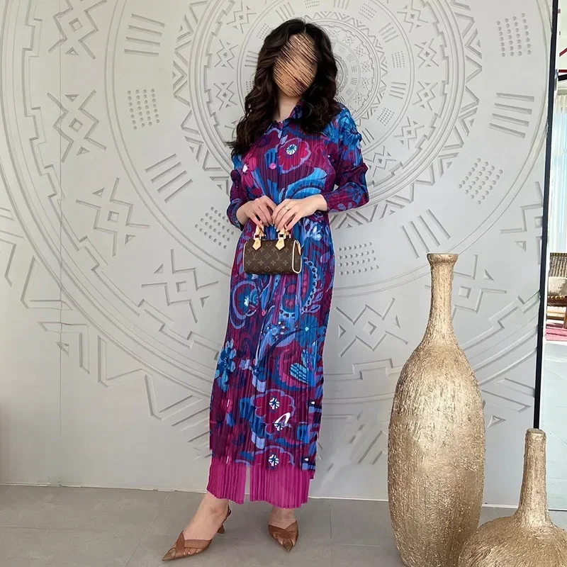 Miyake จีบชุด 2024 ฤดูใบไม้ร่วงใหม่หลวมแขนยาวพิมพ์ Patchwork ความยาวกลางชุดฤดูร้อน