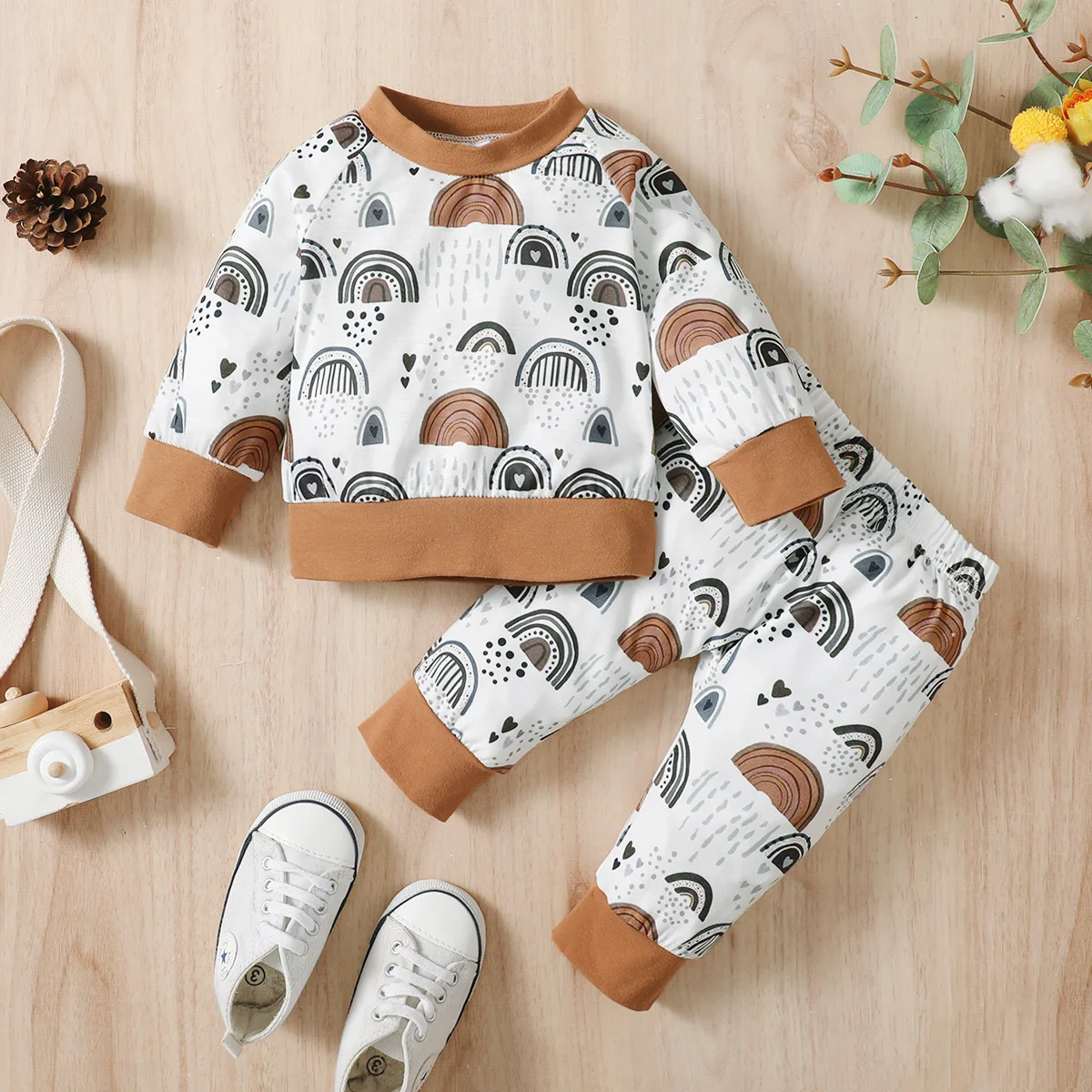 0-18 Months Newborn Baby Boy&Girl 2PCS Clothing Set Rainbow Print/Stripe Long Sleeve Sweater+Pants Autumn&Winter Lovely Outfit