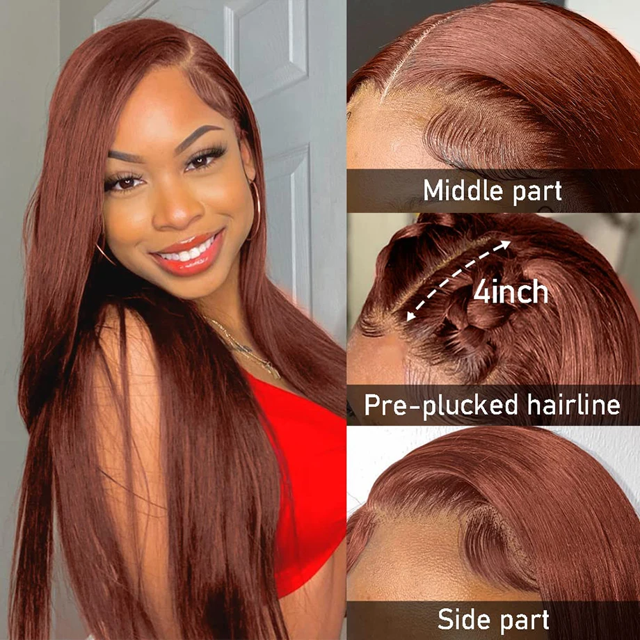 Reddish Brown Straight Lace Front Wigs Human Hair 13x6 Lace Frontal Wig Brazilian Preplucked 13x4 Dark Red Brown Full Wig