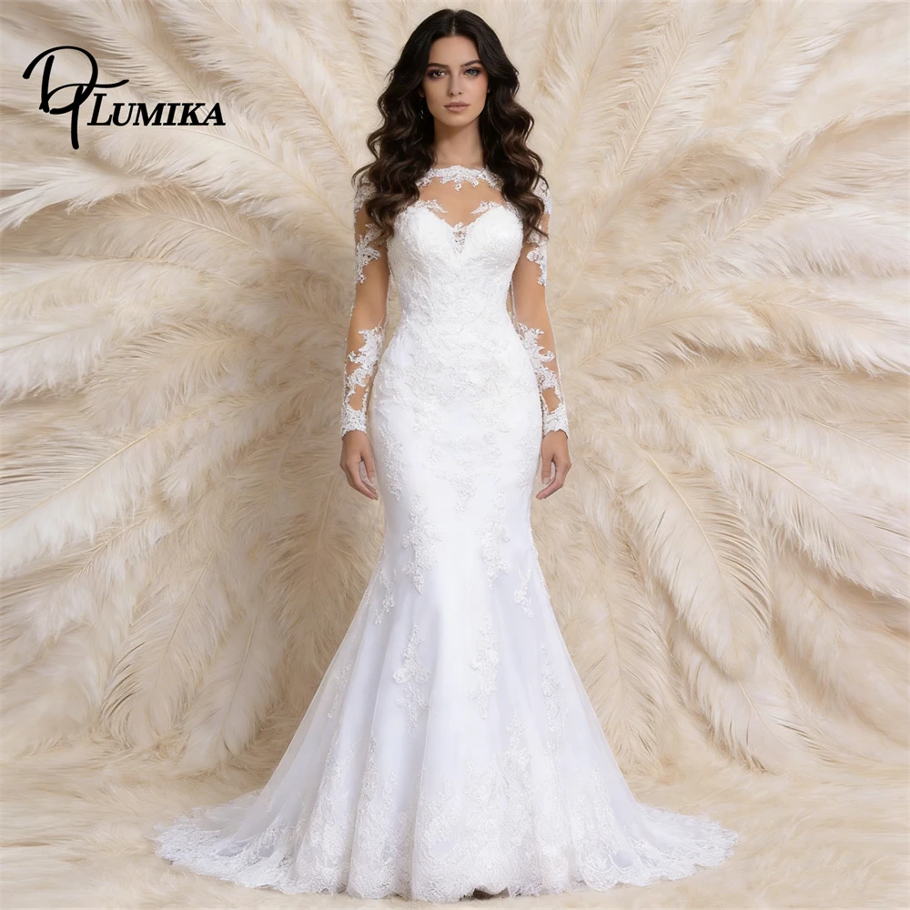 

Women's Ivory Mermaid Wedding Dress Lace Applique Illusion Neckline Long Sleeves Chapel Train Bridal Gown Formal Ceremony Outfit