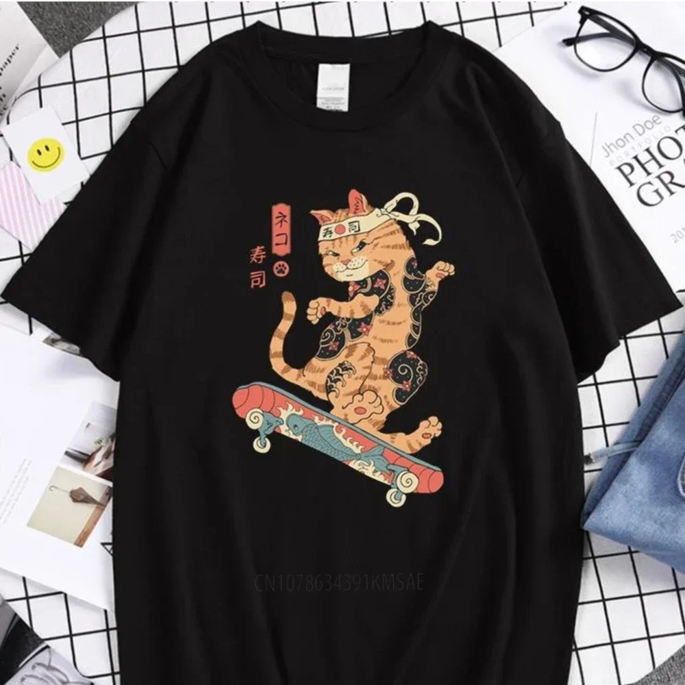 Catana Play Skateboard Ukiyoe Print Tshirts Oversized Soft Tee Shirts Fashion Breathable Male T-Shirts Loose Tshirt Mans