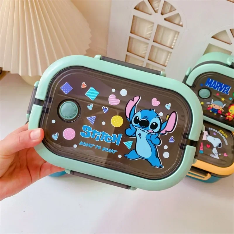 Fiambrera Disney Stitch con estampado de dibujos animados para microondas, almacenamiento de almuerzo portátil, cuchara para verduras, tenedor, caja Bento sellada para conservación de alimentos