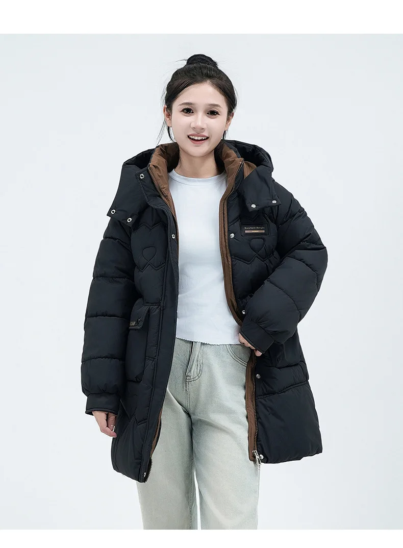 Ladies' Warm Puffer Jacket Winter Fashion Versatile Solid Color Hooded Slim-Fitting Stylish Cotton Coat Zipper Buttons Outwear