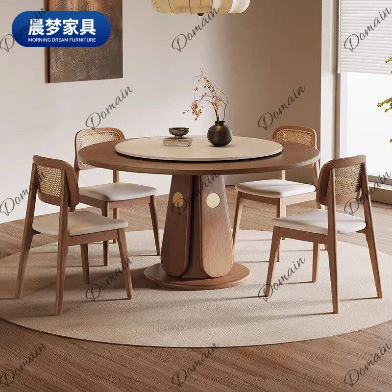 Cv Mid-Century Modern Solid Wood Round Dining Table Set With Lazy Susan For Small Spaces, Chinese Song Style Aesthetic