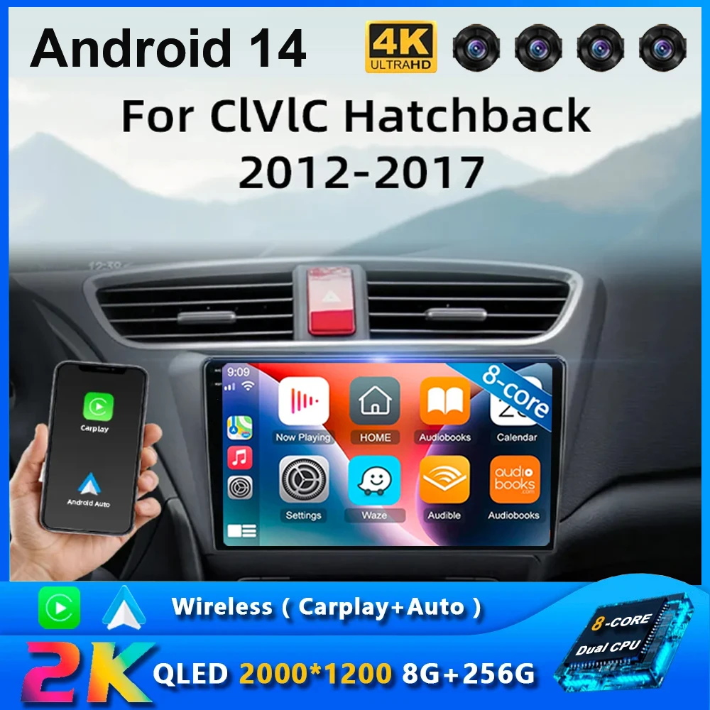 

2 Din Android 14 Автомобильный радиоприемник для Honda CIVIC Hatchback 2012-2017 Мультимедийный видеоплеер GPS 4G Carplay Авто Стерео RDS Головное устройство