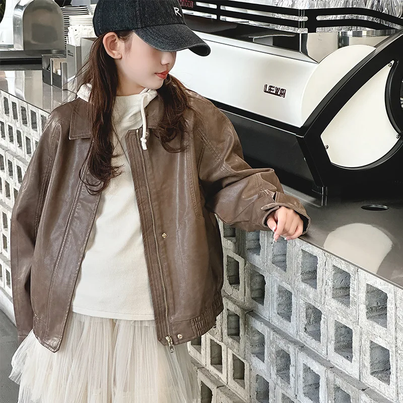 

PU Toddler Girls Jacket Kids Classic Collar Coats Children Windbreak Girls Faux Leather Clothes Long Sleeve Baby Zip Tops TR324