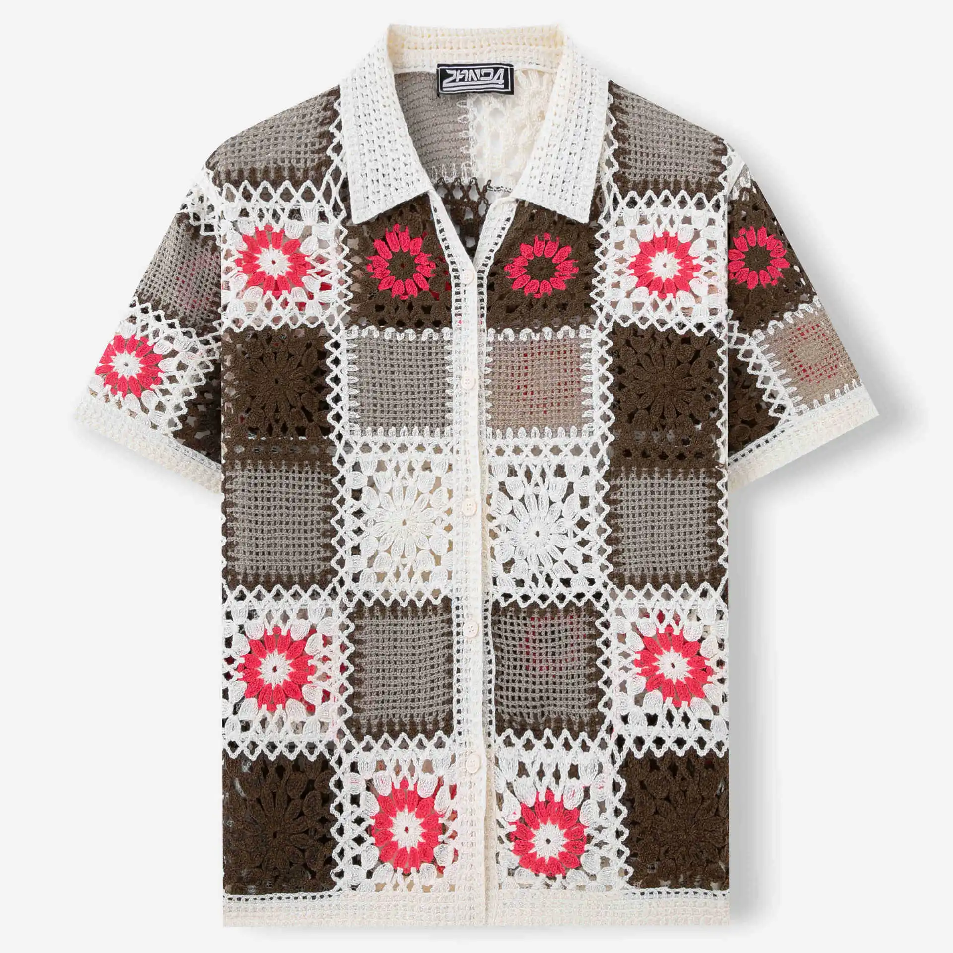 Retro Ethnic Style Crochet Shirts Men's Summer Chic Hollow Out Short Sleeve Cardigans High Quality Jacquard Knitted Polo Shirts