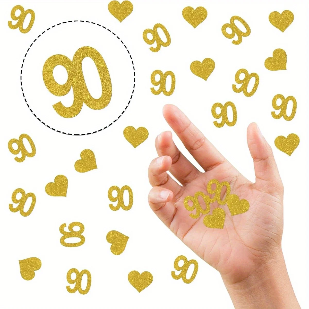 100 Stück Gold-Glitzer-Konfetti mit Zahlen 90, Papierdekorationen zum 90. Jahrestag, Prost auf 90 Jahre, Party-Tischdekoration – Detail 3