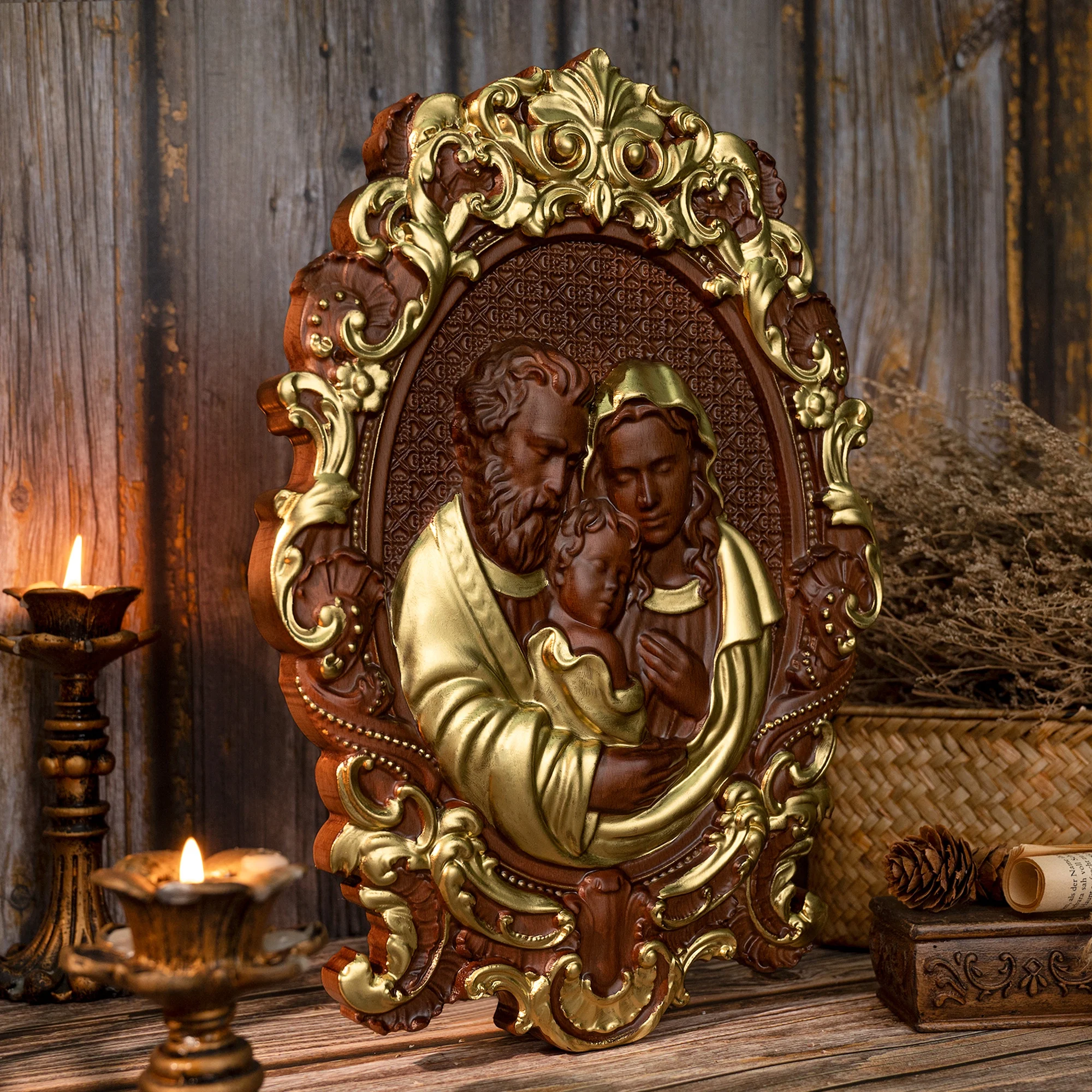 Holy Family Wood Carving Wall Plaque Virgin Mary Joseph Baby Jesus Religious Wall Hanging Baroque Golden Frame Sculpture Catholi