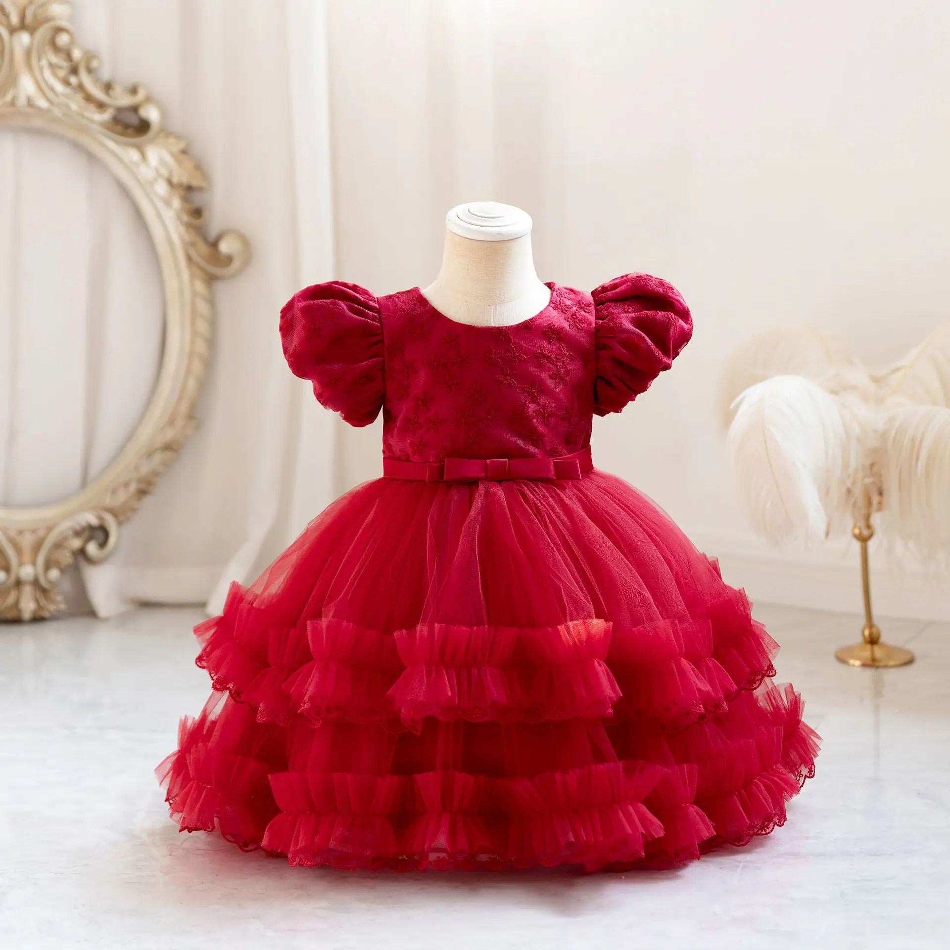 Baby Toddler Puff Sleeves ;Lace Appliqued Flower Girls Birthday Party Pageant Toddler Formal Dress TT103