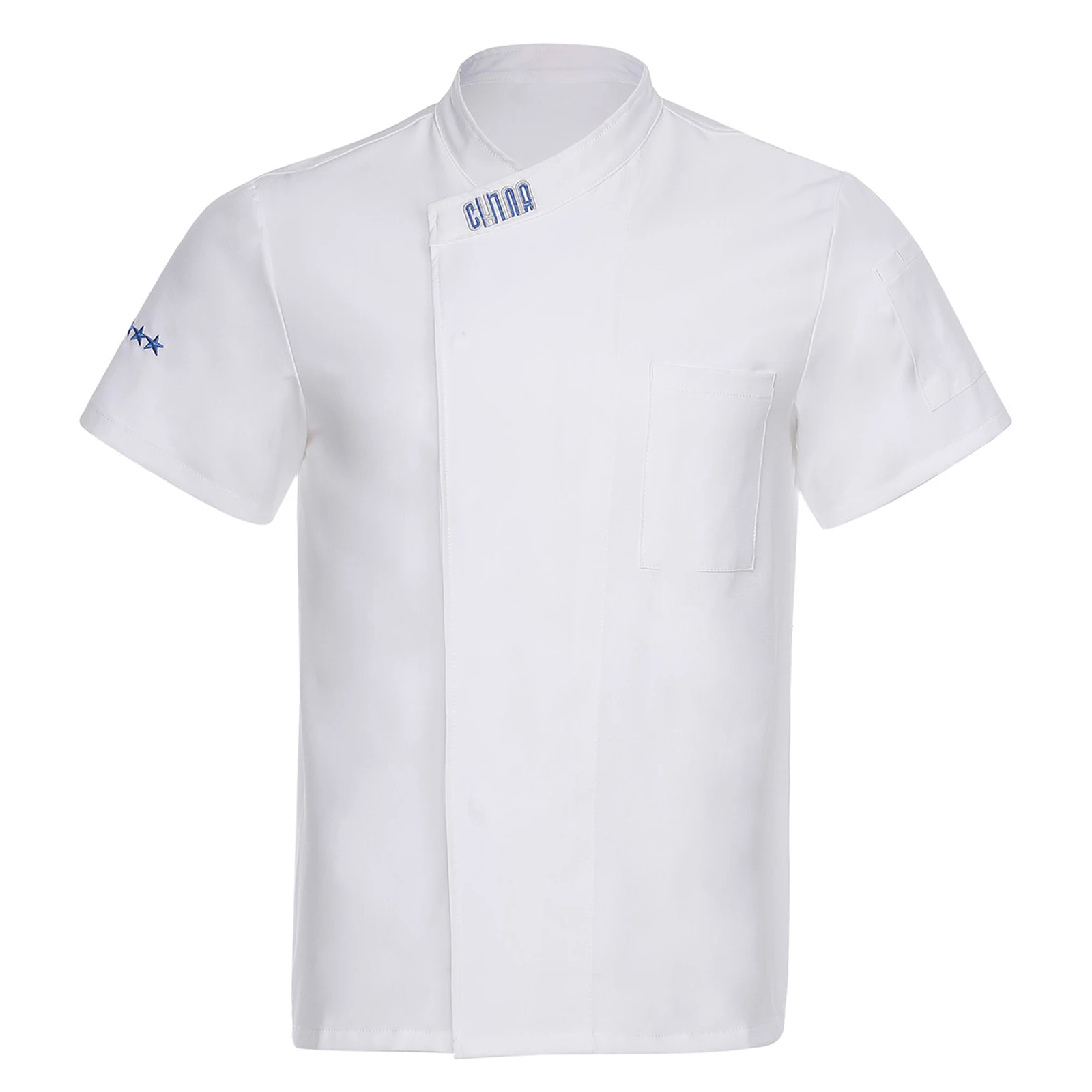 Mannen Vrouwen Koksjas Shirts Restaurant Hotel Keuken Werk Tops Korte Mouw Ster Borduren Ijs Zijde Kok Shirt Blouse Werkkleding