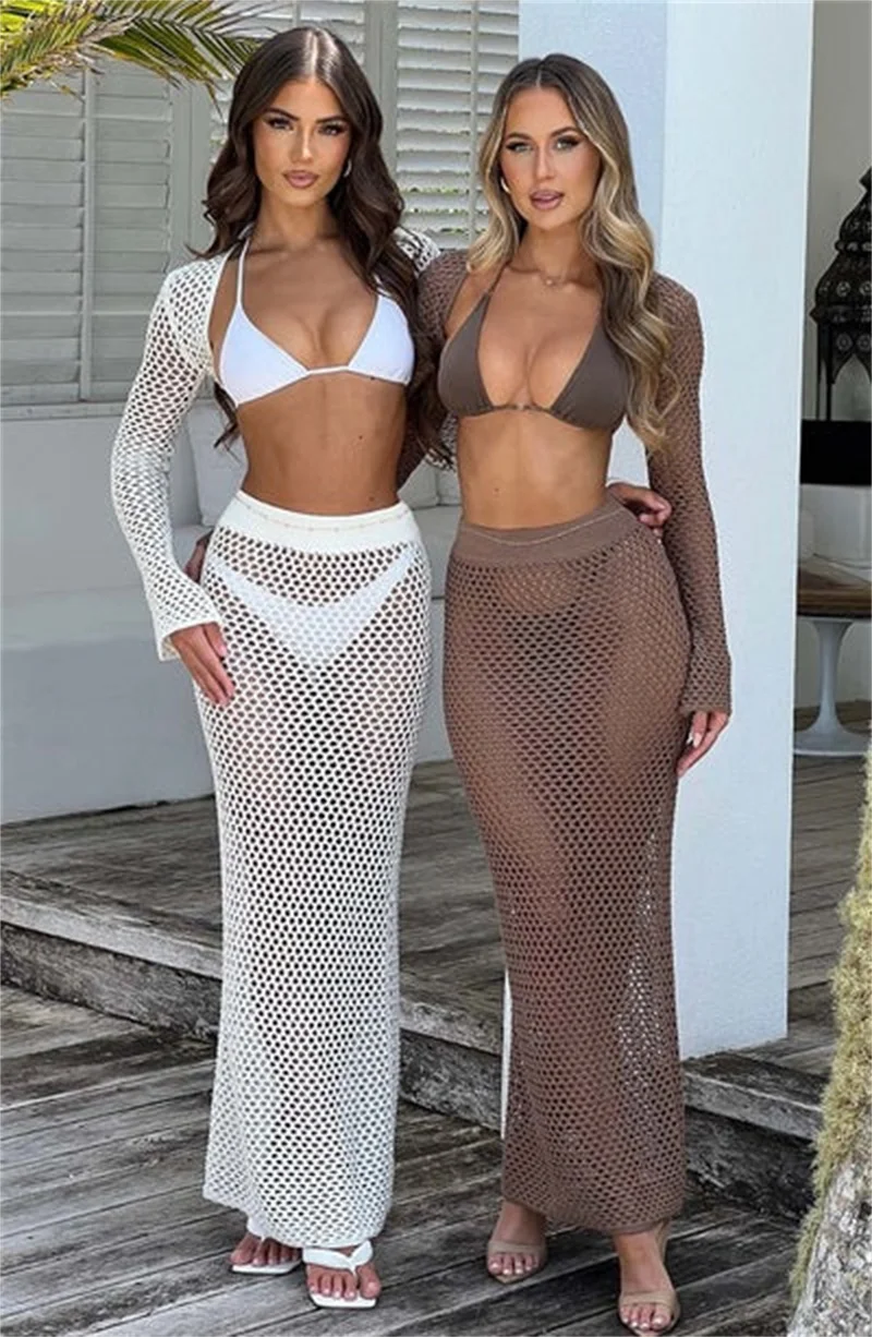 2-teiliges Set für Damen, langärmelig, bauchfreies Top und Röcke, Strickkleid, Bandage-Strandkleid, sexy, durchsichtige, hohle, gehäkelte Bikini-Vertuschungen