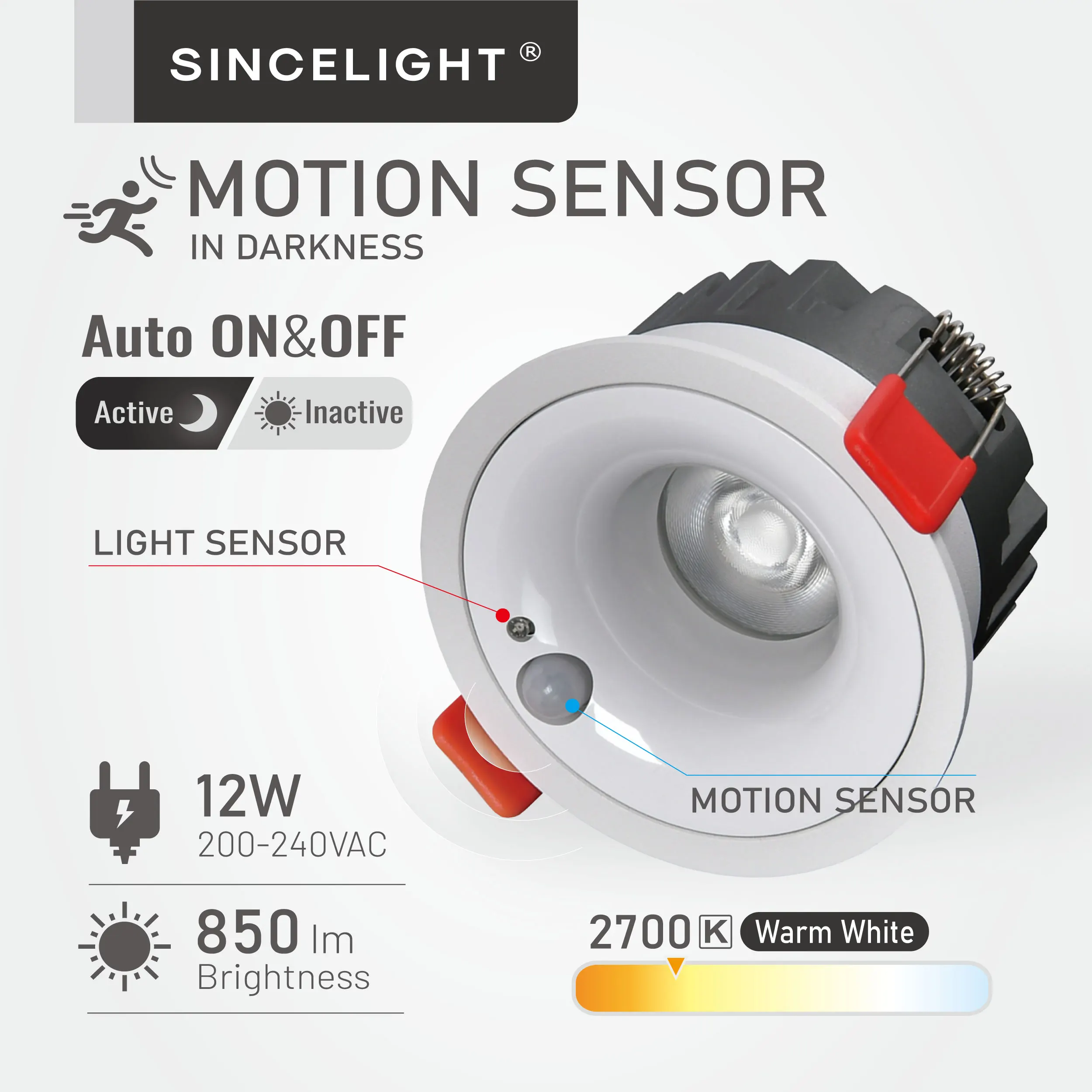 PIR Motion Sensor 12W Recessed Ceiling Light ( Hole Cutout Φ75mm ), Automatic ON/Off in Darkness, Moving Detector for Hallway