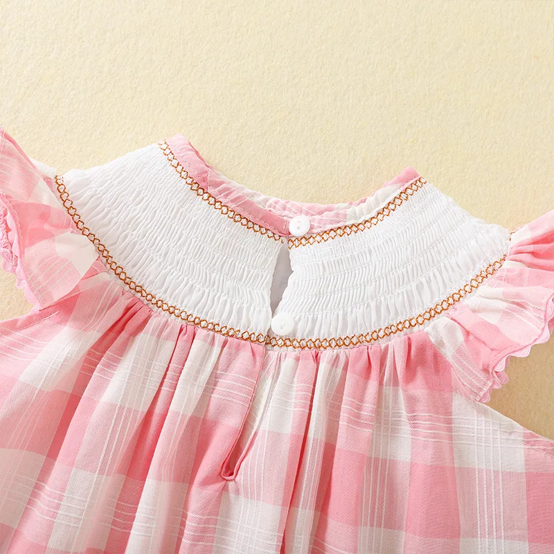 Plaid Fashion Princess Dress For Baby Girls Kids Boutique Clothing Pink Handmade Embroidery Dresses Children Flying Sleeve Frock