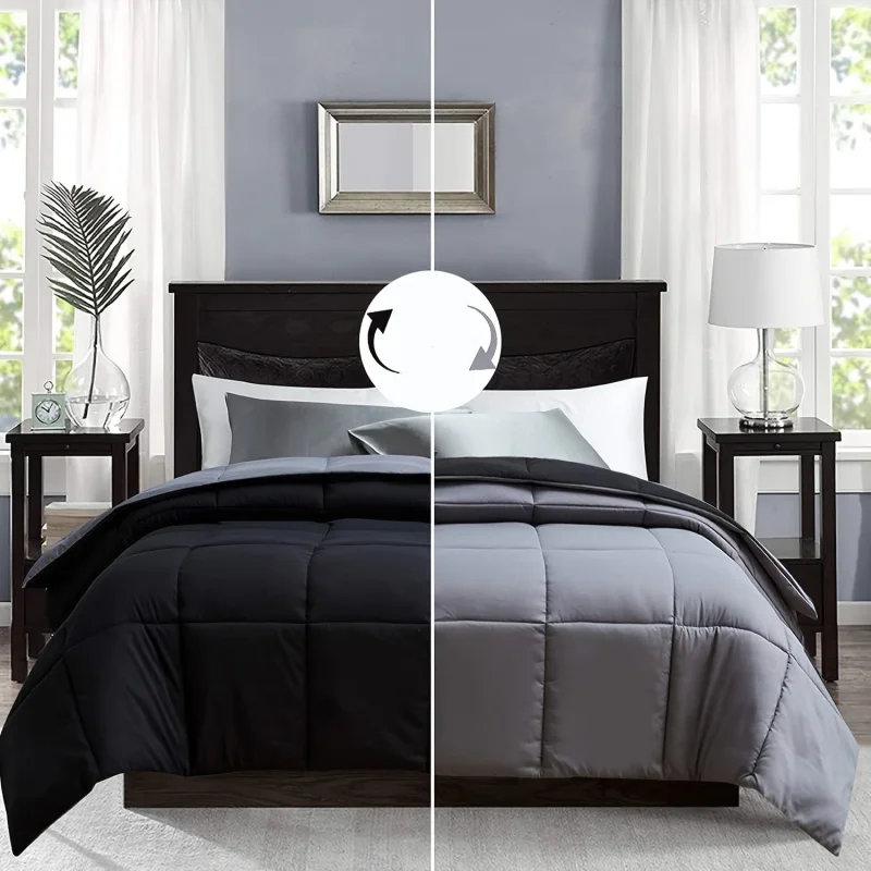 ELNIDO QUEEN® All-Season Quilt，Queen Size，With Duvet Insert，down Substitute，Corner Label，Navy Black/Gray，Suitable for Hospitals/