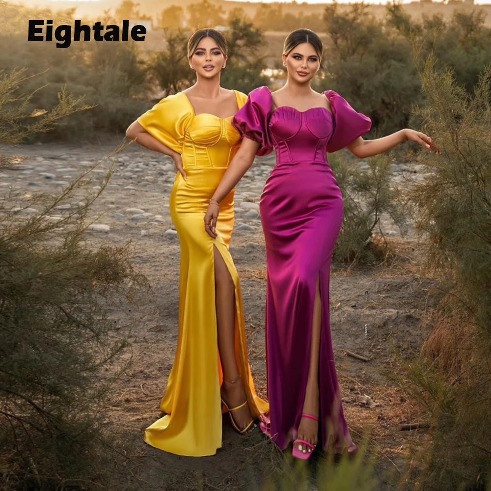 

Eightale Simple Mermaid Evening Dress for Wedding Party Pleats Sexy Custom Made Long Satin Arabic Celebrity Prom Gowns