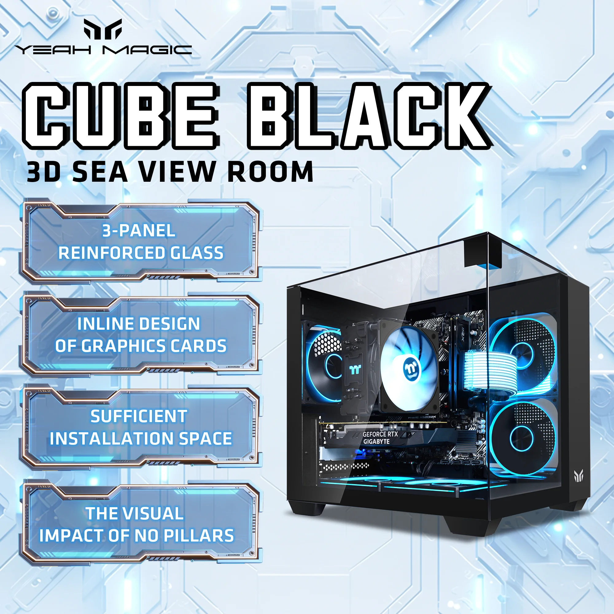 Yeah Magic Cube MATX High-Style Case Three-Sided Glass Side View Seaview Panoramic Gaming and Business Computer Case