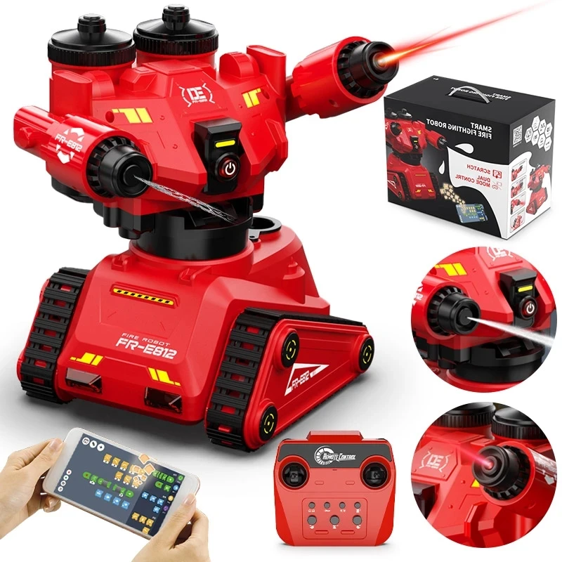 Rc Robot Intelligent Fire Fighting Luminous Water Spray Smart App Programming Remote Control Car Higt-tech Toy Children's Toys