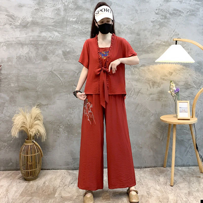 Women's Summer Literary Retro Sets 2025 New Fat MM Fashion National Style Age-reducing Loose Western Style Two-piece Suit Female