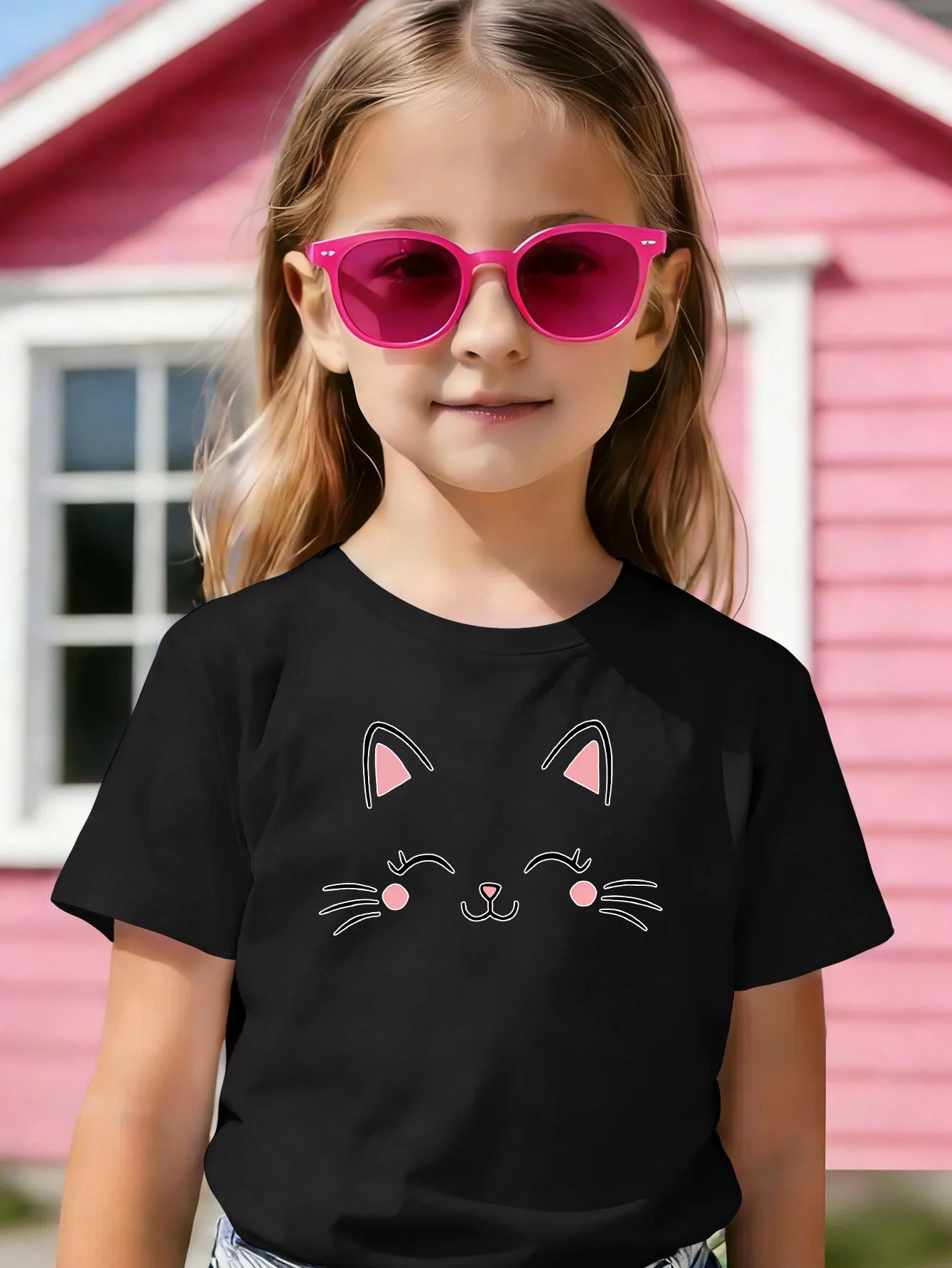 Minimalist Winking Cat Face Cute Line Drawing Graphic Kids T Shirt Boys Girls Family Matching Summer Crew Neck Casual Tee