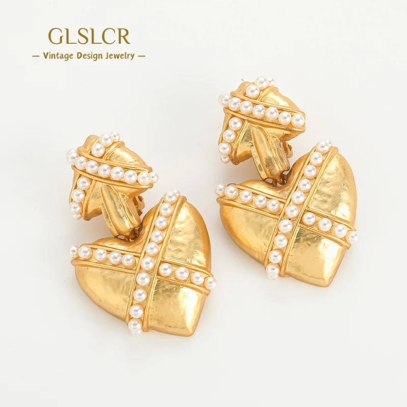 

Vintage Pearl Heart Clip On Earrings Without Piercing Gold Color Drop Large For Woman Luxury Romantic Wedding Jewelry Designer