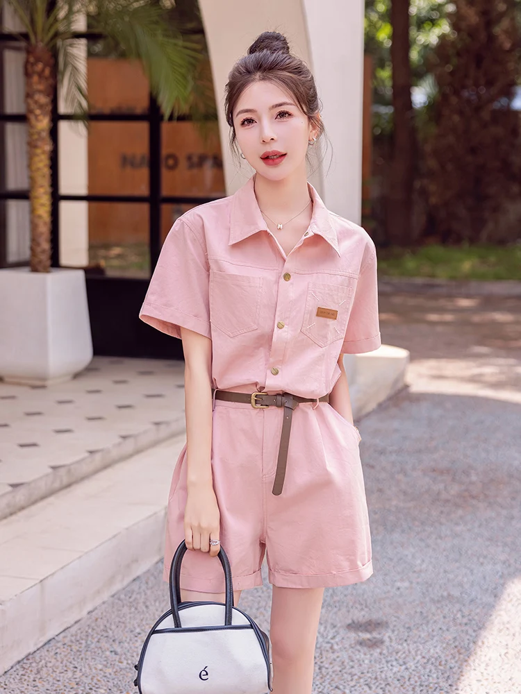 

Модный розовый рабочий комбинезон для женщин с высокой талией, стройнящий, с воротником, повседневный, с эффектом утягивания талии, брюки-шорты