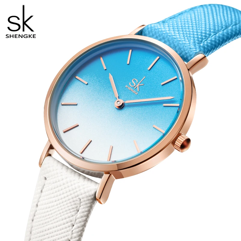 Shengke-clássico relógio de pulso com pulseira de couro para as mulheres, design simples, japão quartzo movimento, impermeável, novo azul